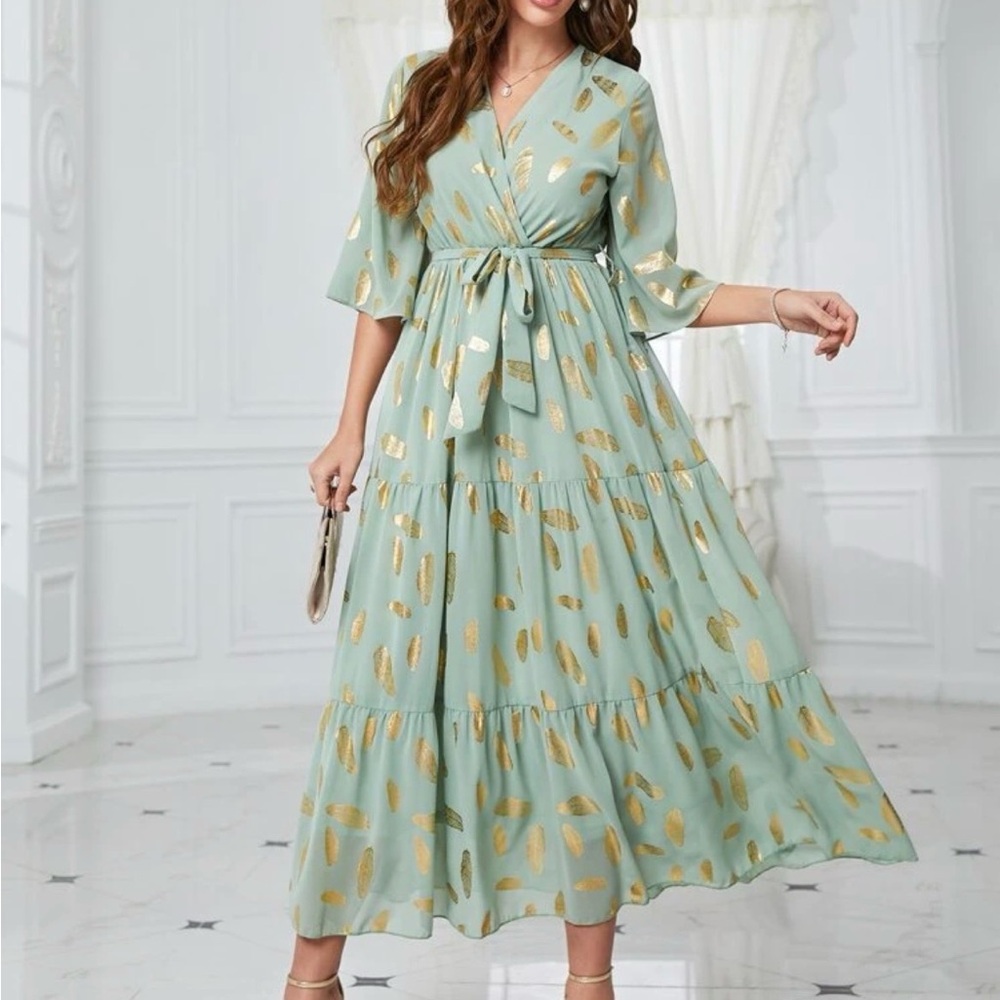 SHEIN Sage Green Gold Foil Midi Dress XL
